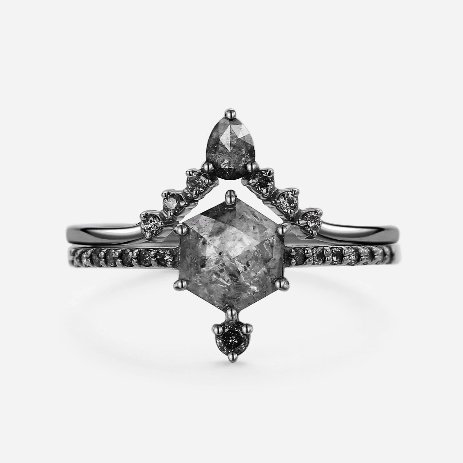 Hexagon Salt and Pepper Diamonds Unique Ring Sets 2pcs Vibrant Gifts