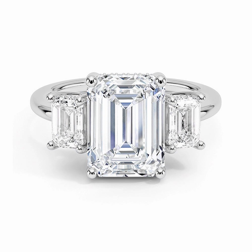 Smooth Curve Hidden Halo Emerald Cut Three Stone Moissanite Engagement Ring