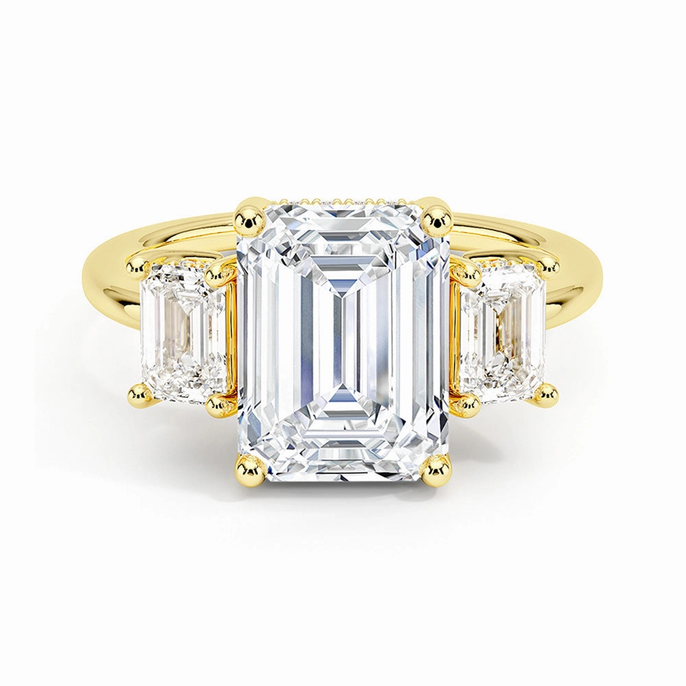 Ornate Accent Smart Casual Hidden Halo Emerald Cut Three Stone Moissanite Engagement Ring