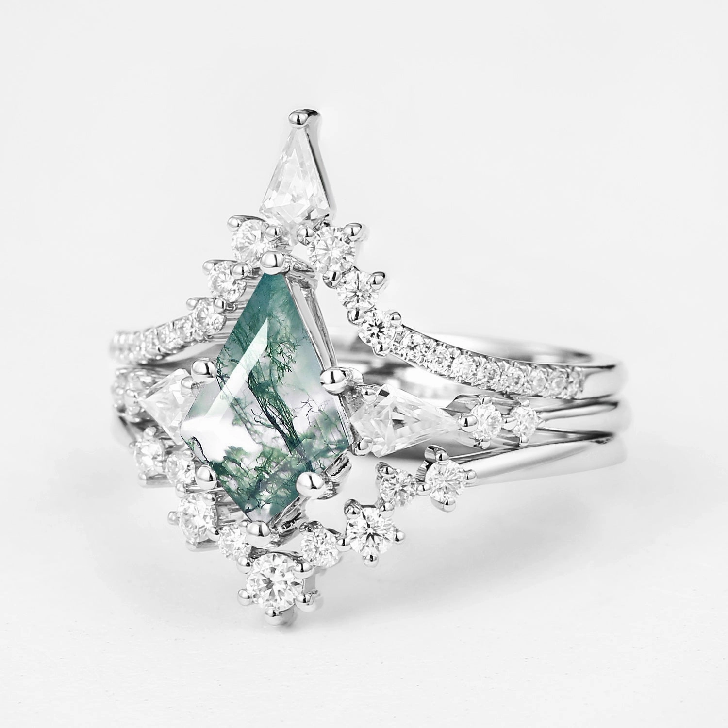 Gift Feature Twin Flames - Kite Cut Moss Agate Engagement Ring Set 3pcs - Tyler