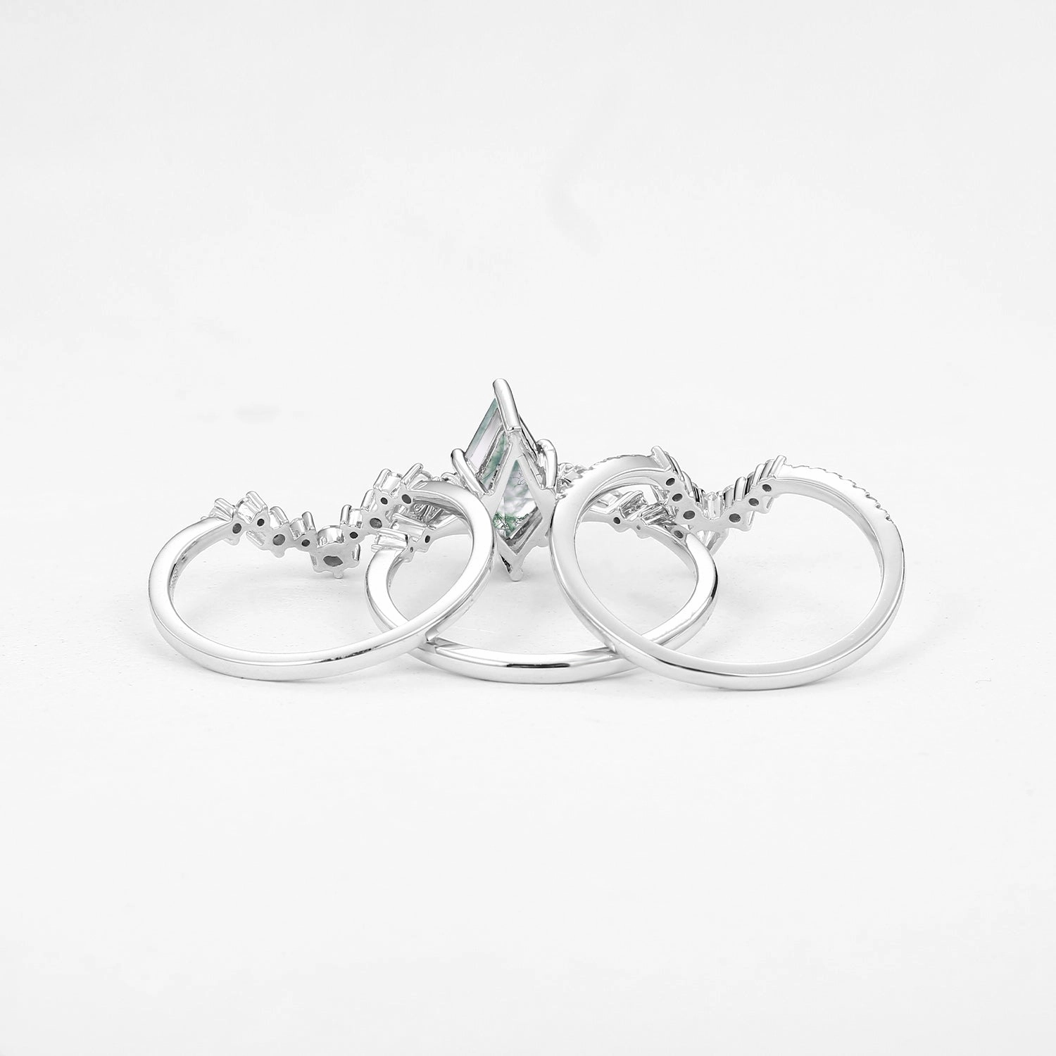 Twin Flames - Kite Cut Moss Agate Engagement Ring Set 3pcs - Tyler Romantic Feature Formal Accent