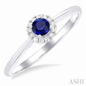 Balanced Beauty 3.25 MM Round Sapphire and 1/20 Ctw Single Cut Diamond Halo Precious Ring in 10K White Gold