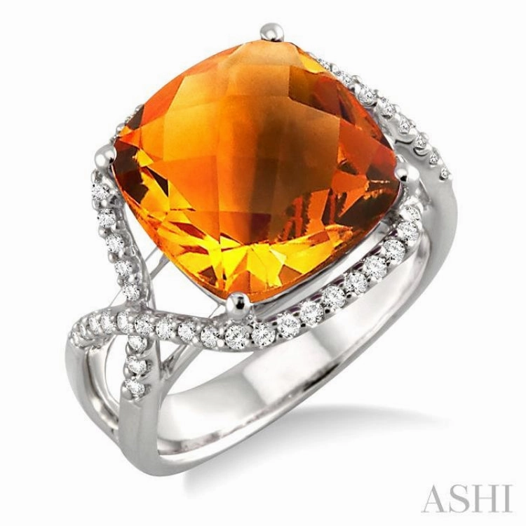 Signature Style 12x12 MM Cushion Cut Citrine and 1/3 Ctw Round Cut Diamond Semi-Precious Ring in 14K White Gold