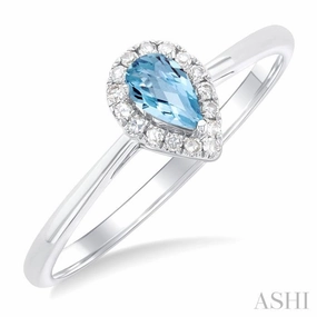 Economical Product 5x3 MM Pear Shape Aquamarine and 1/20 Ctw Single Cut Diamond Halo Semi-Precious Ring in 10K White Gold