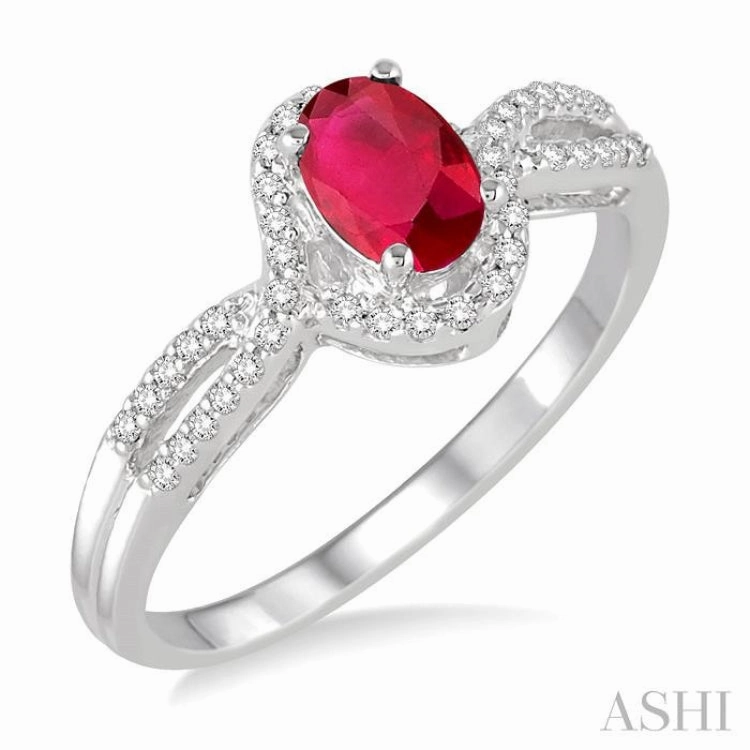 6x4 MM Oval Cut Ruby and 1/6 ctw Round Cut Diamond Ring in 10K White Gold Vintage Memento