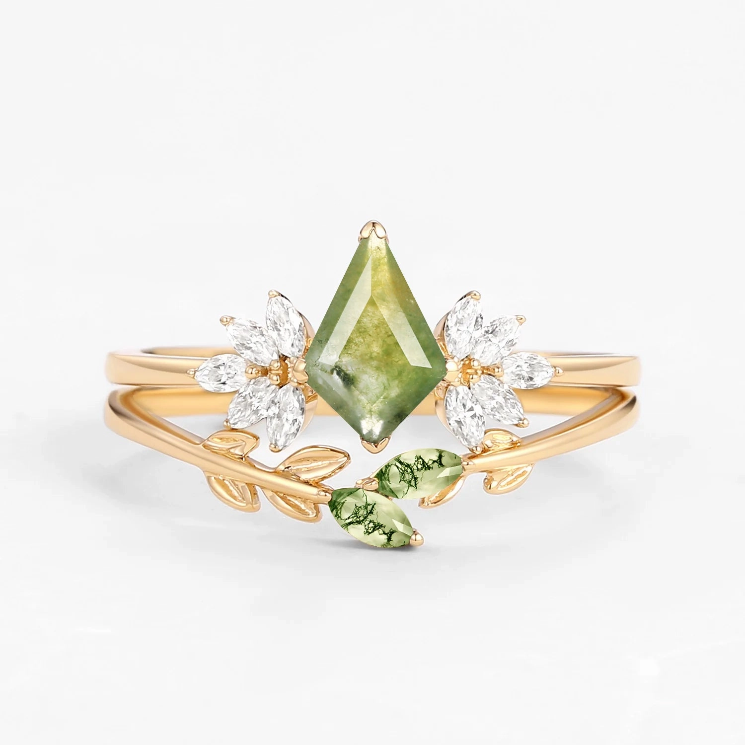 Simple Luxe Moss Agate Leafy Forest Elves Engagement Ring Set 2pcs - Amayah
