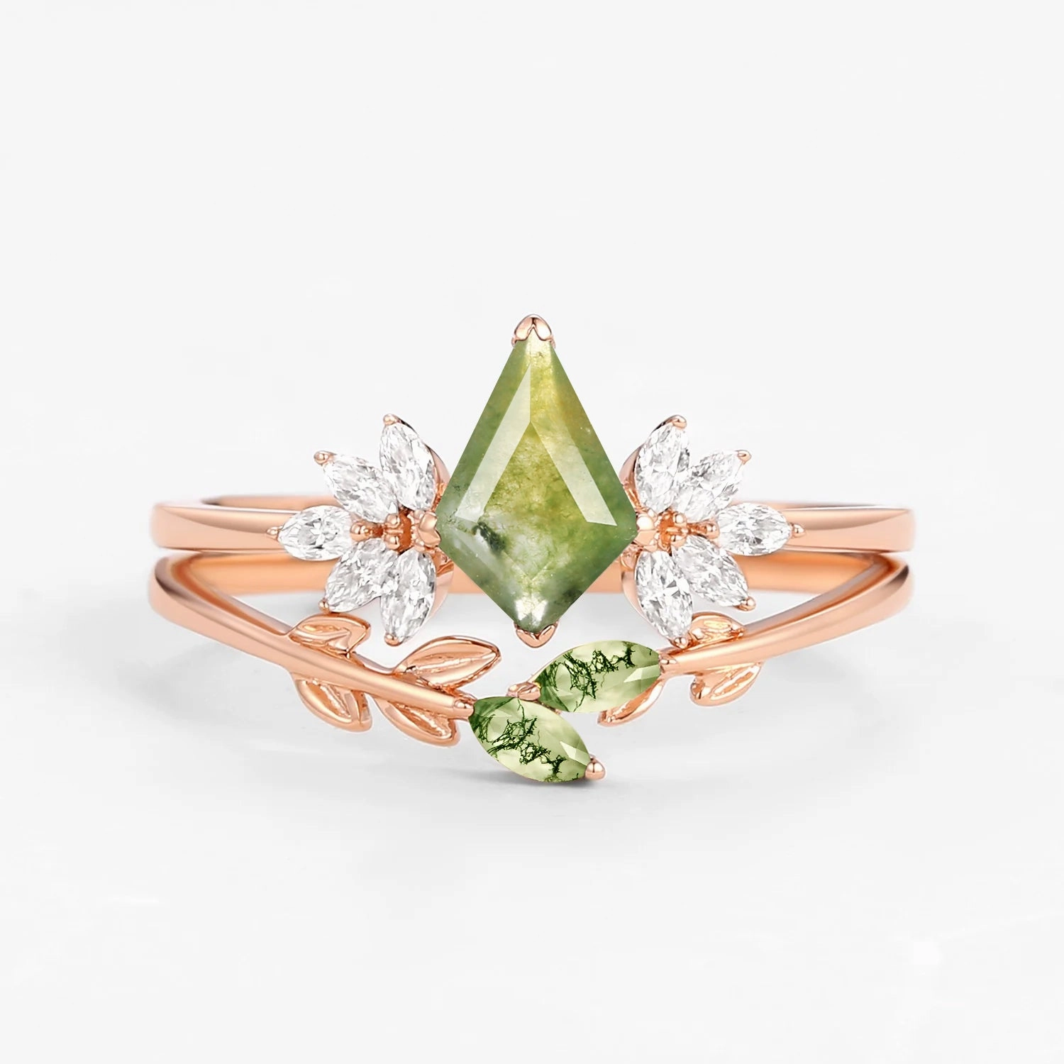 Moss Agate Leafy Forest Elves Engagement Ring Set 2pcs - Amayah Style Detail