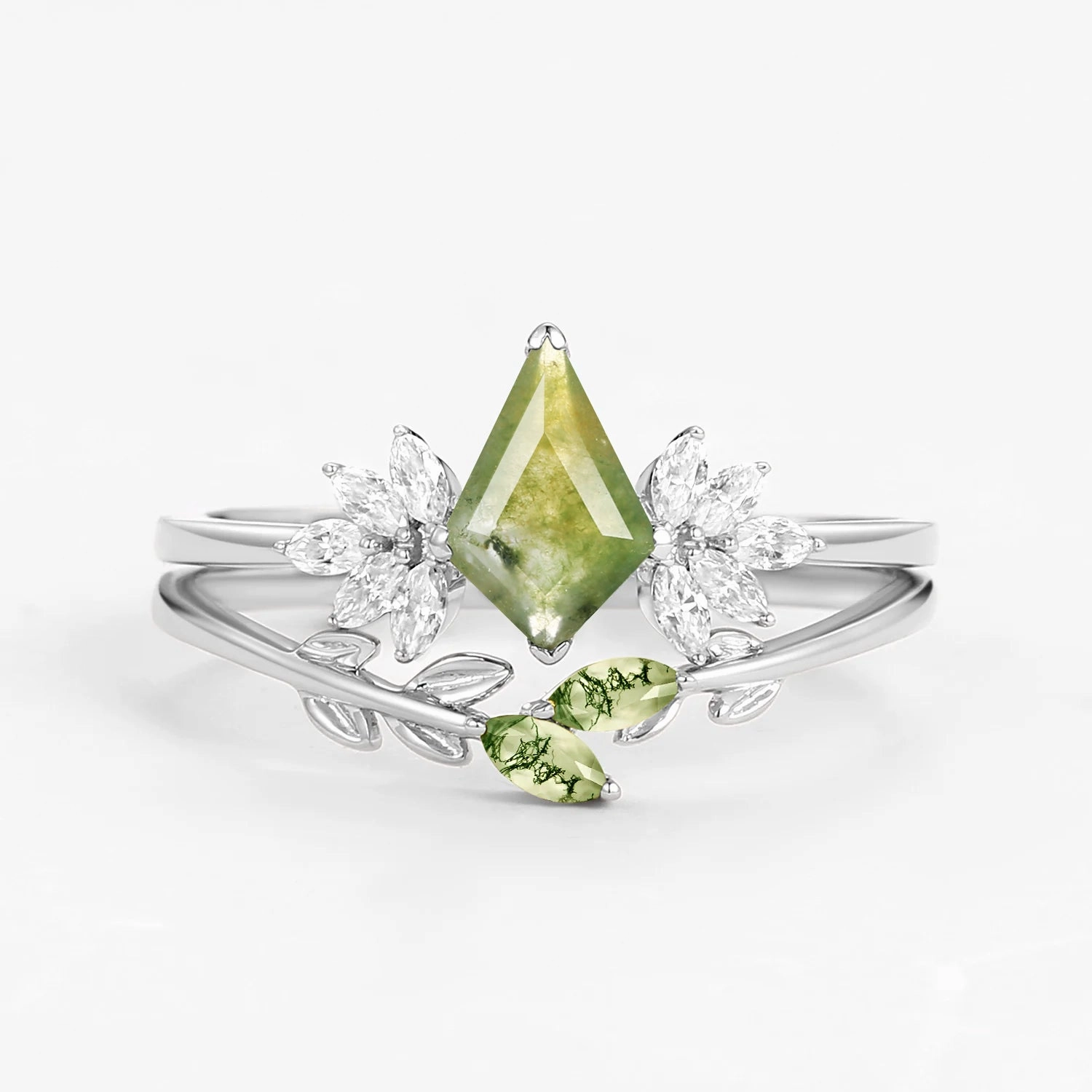 Finest Accent Moss Agate Leafy Forest Elves Engagement Ring Set 2pcs - Amayah