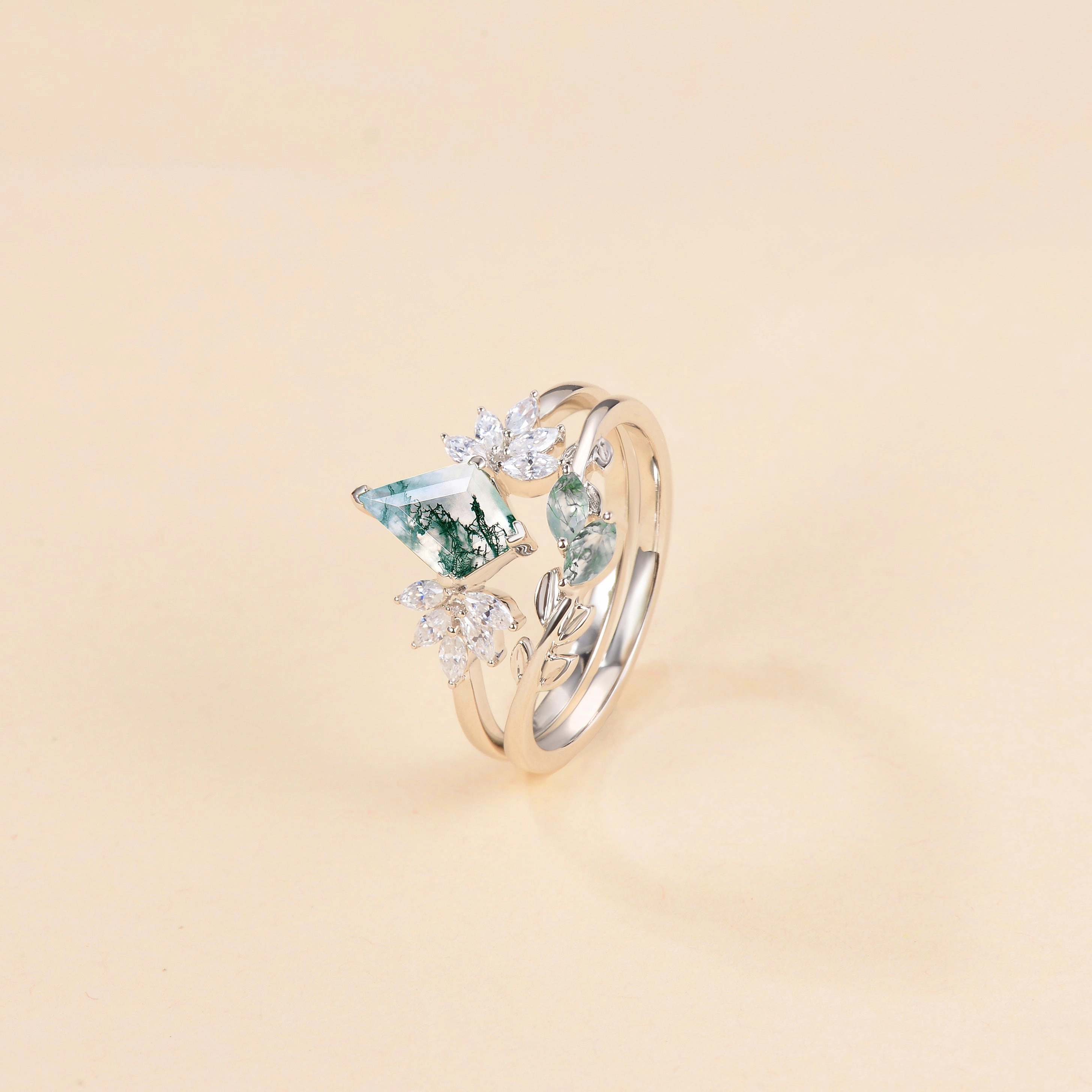 Premium Feature Artistic Flair Moss Agate Leafy Forest Elves Engagement Ring Set 2pcs - Amayah