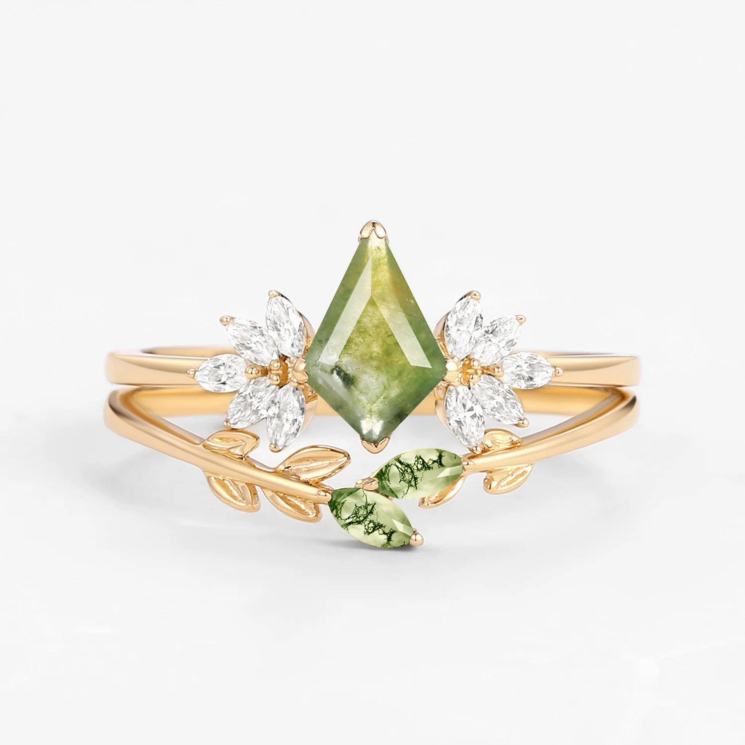 Moss Agate Leafy Forest Elves Engagement Ring Set 2pcs - Amayah Mother Daughter
