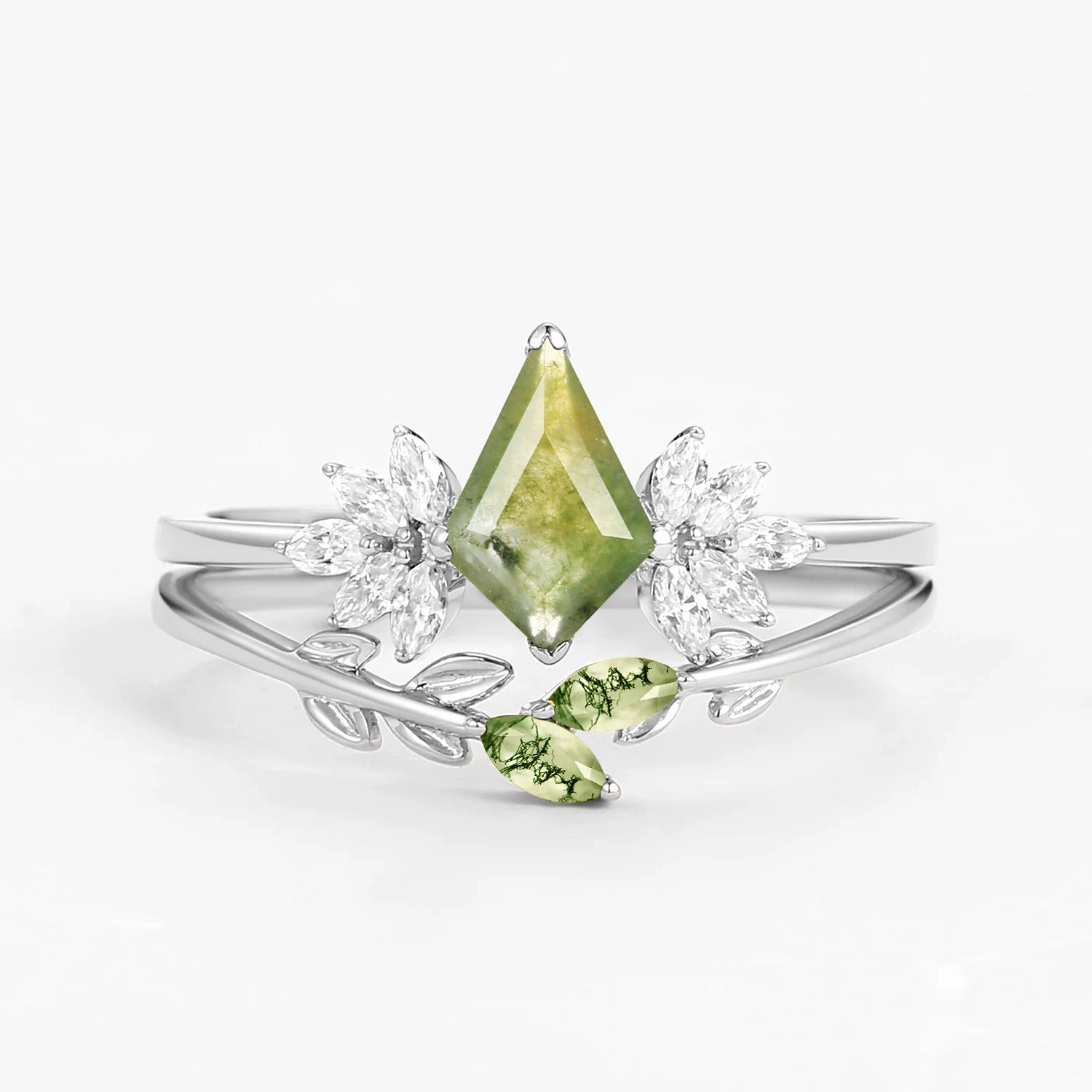 Moss Agate Leafy Forest Elves Engagement Ring Set 2pcs - Amayah Personal Style