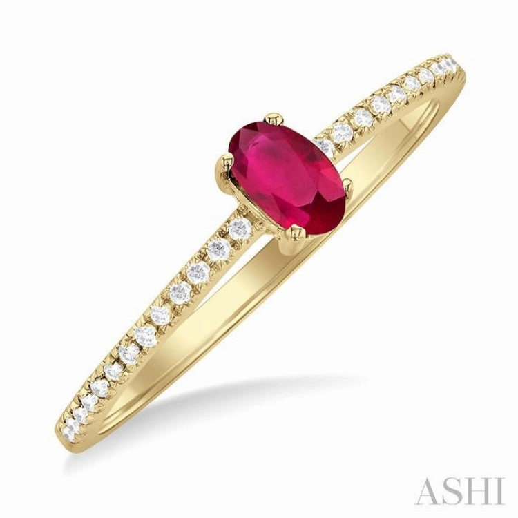 5x3 MM Oval Cut Ruby and 1/10 Ctw Petite Round Cut Diamond Precious Fashion Ring in 10K Yellow Gold HighEnd Jewelry