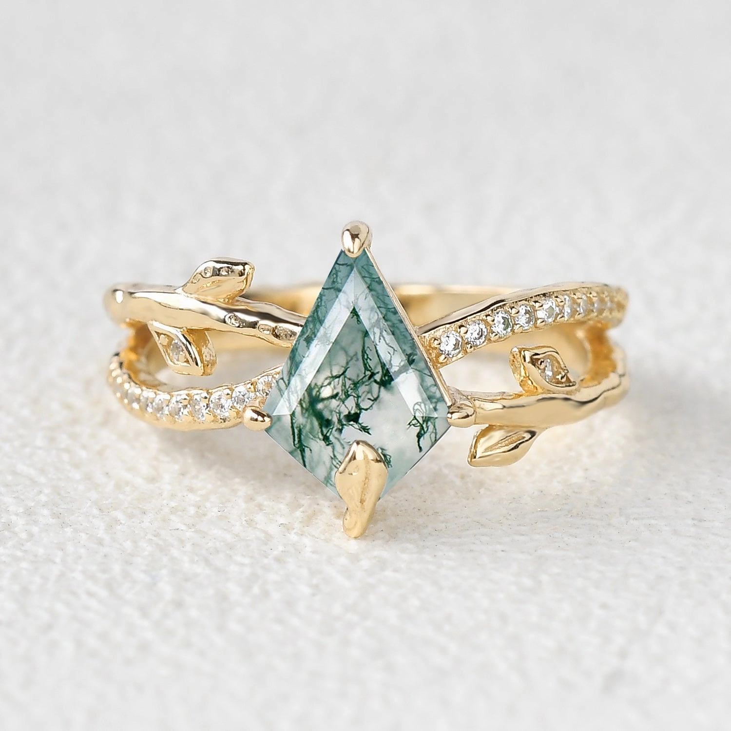Dazzling Finish Simple Glow Kite Cut Moss Agate Leafy  Engagement Ring - Ayla