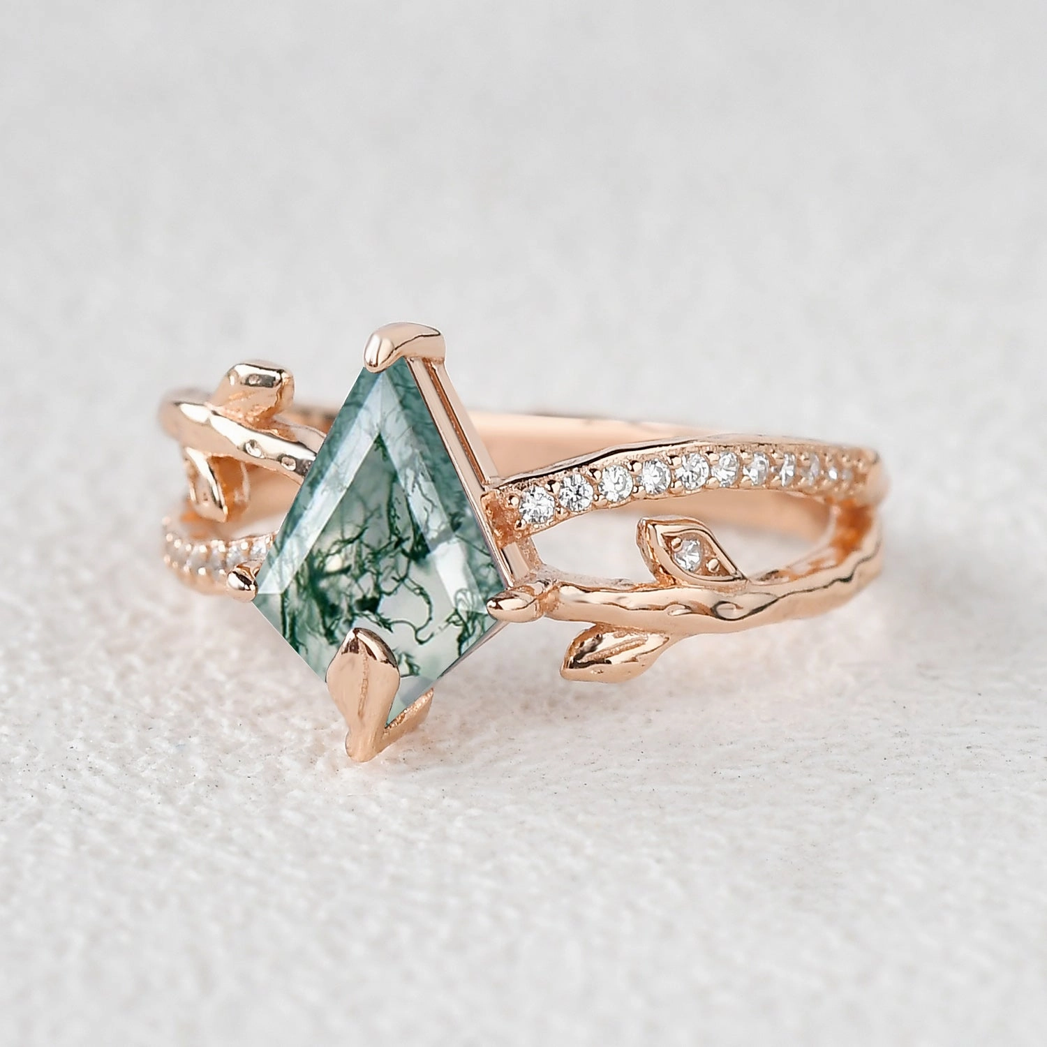 Kite Cut Moss Agate Leafy  Engagement Ring - Ayla Stylish Fashion Impeccable Form