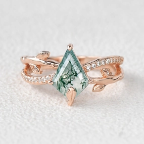 Kite Cut Moss Agate Leafy  Engagement Ring - Ayla Radiant Appeal