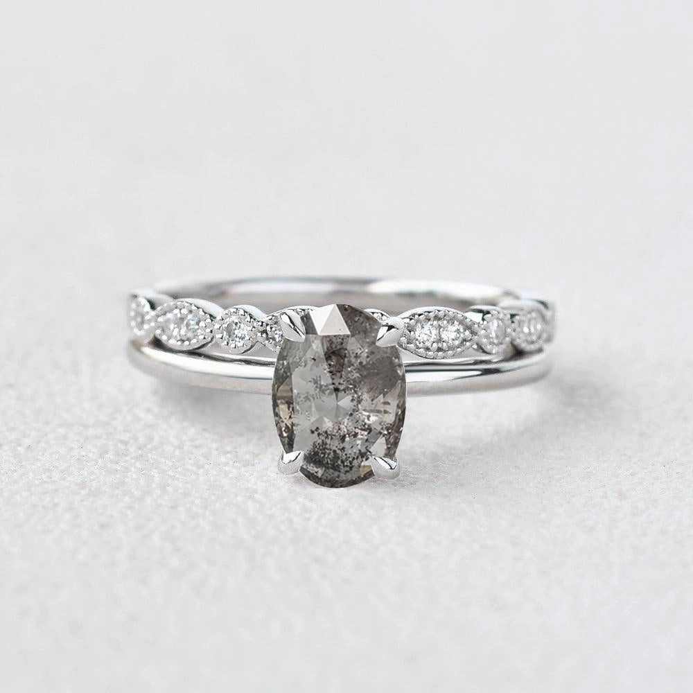 Oval Cut Salt and Pepper Diamonds Solitaire  Engagement Ring Sets 2pcs Ornate Bauble Bridesmaid Gift