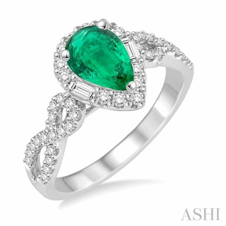 Modern Application 7x5 MM Pear Shape Emerald and 1/2 Ctw Diamond Precious Ring in 14K White Gold