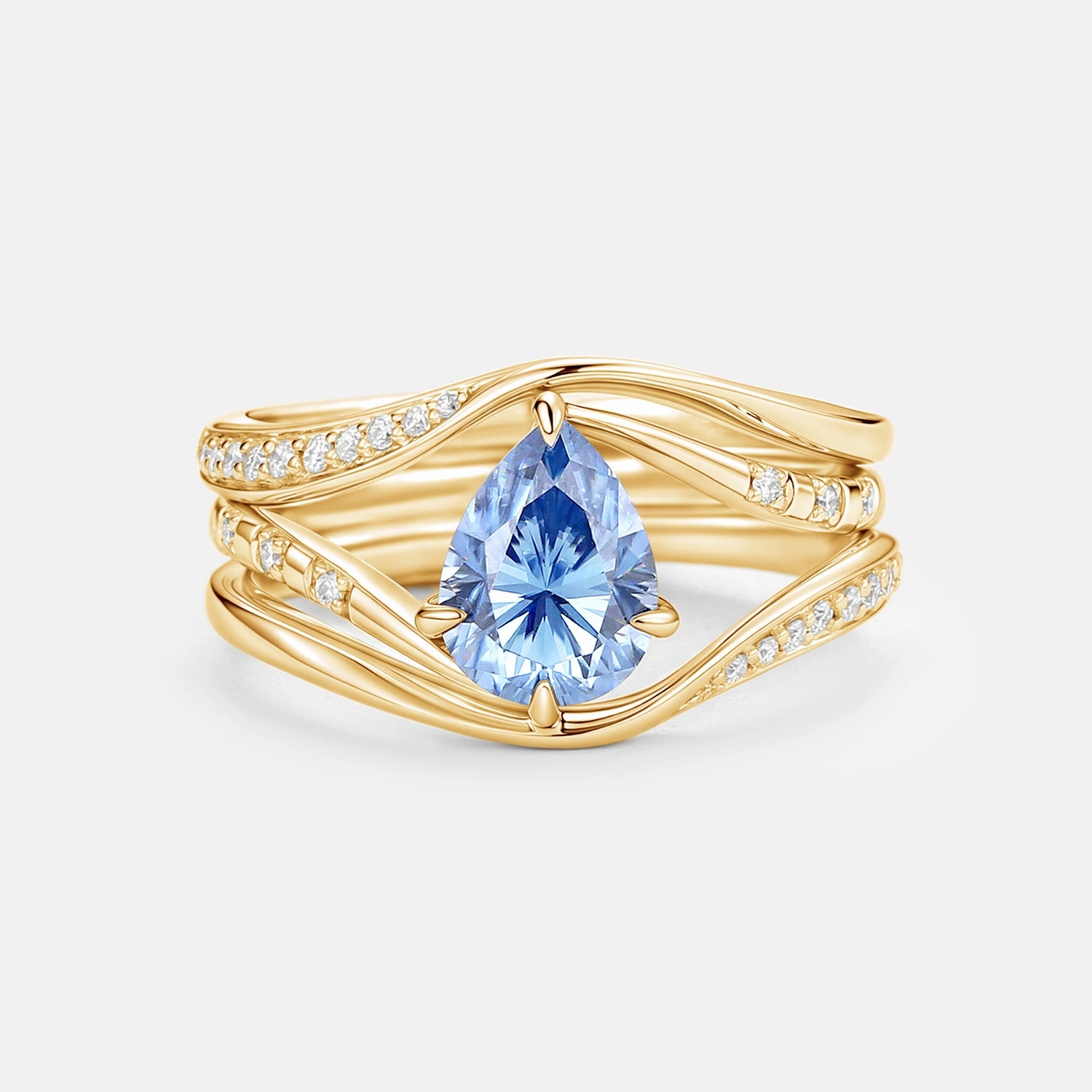 Homebound River Tune -  Pear Blue Moissanite Engagement Ring Sets 3pcs Pastel Look Sleek Edge