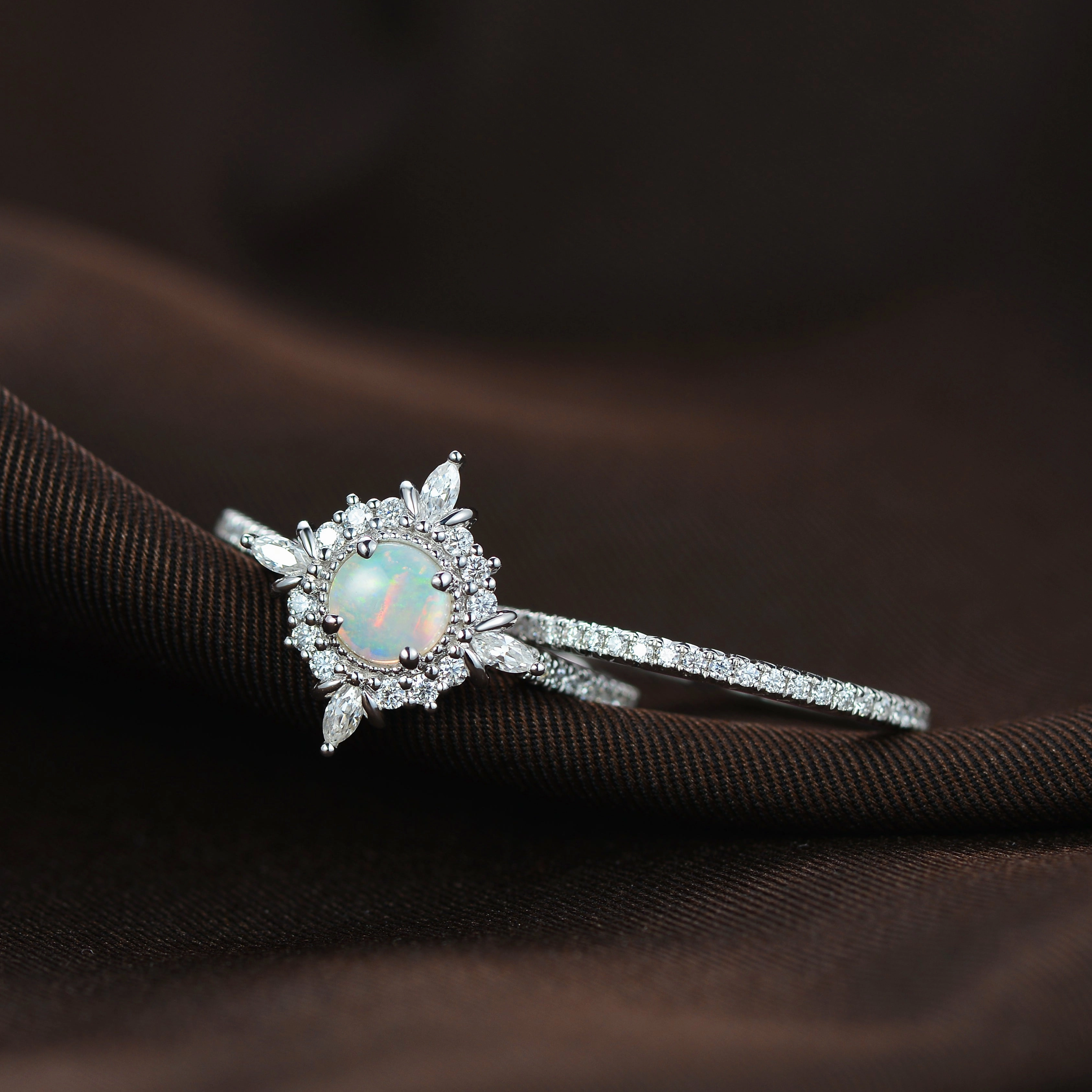 Artistic Bauble Round Cut Opal Floral Cluster Engagement Ring Set 2pcs