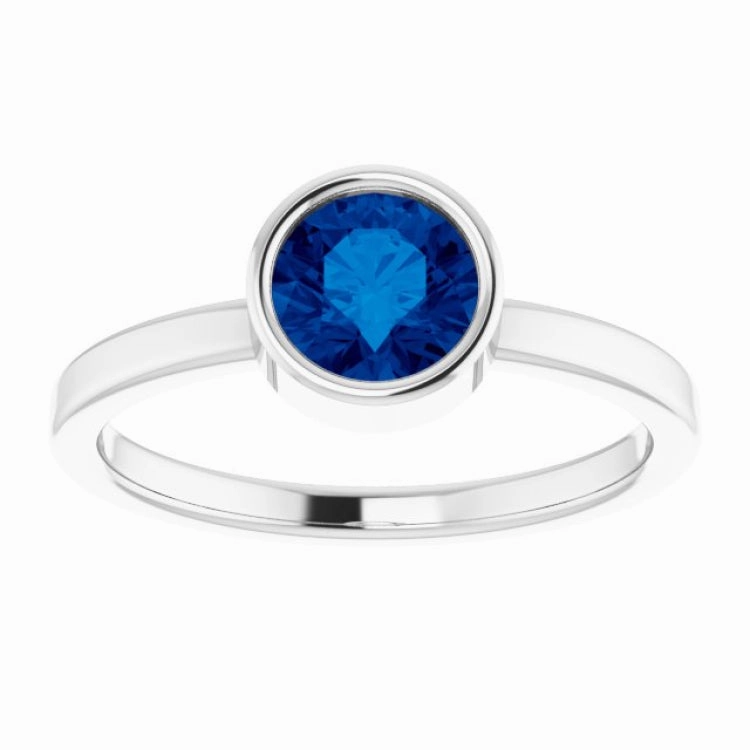 14K White 6 mm Lab-Grown Blue Sapphire Ring Easy Style