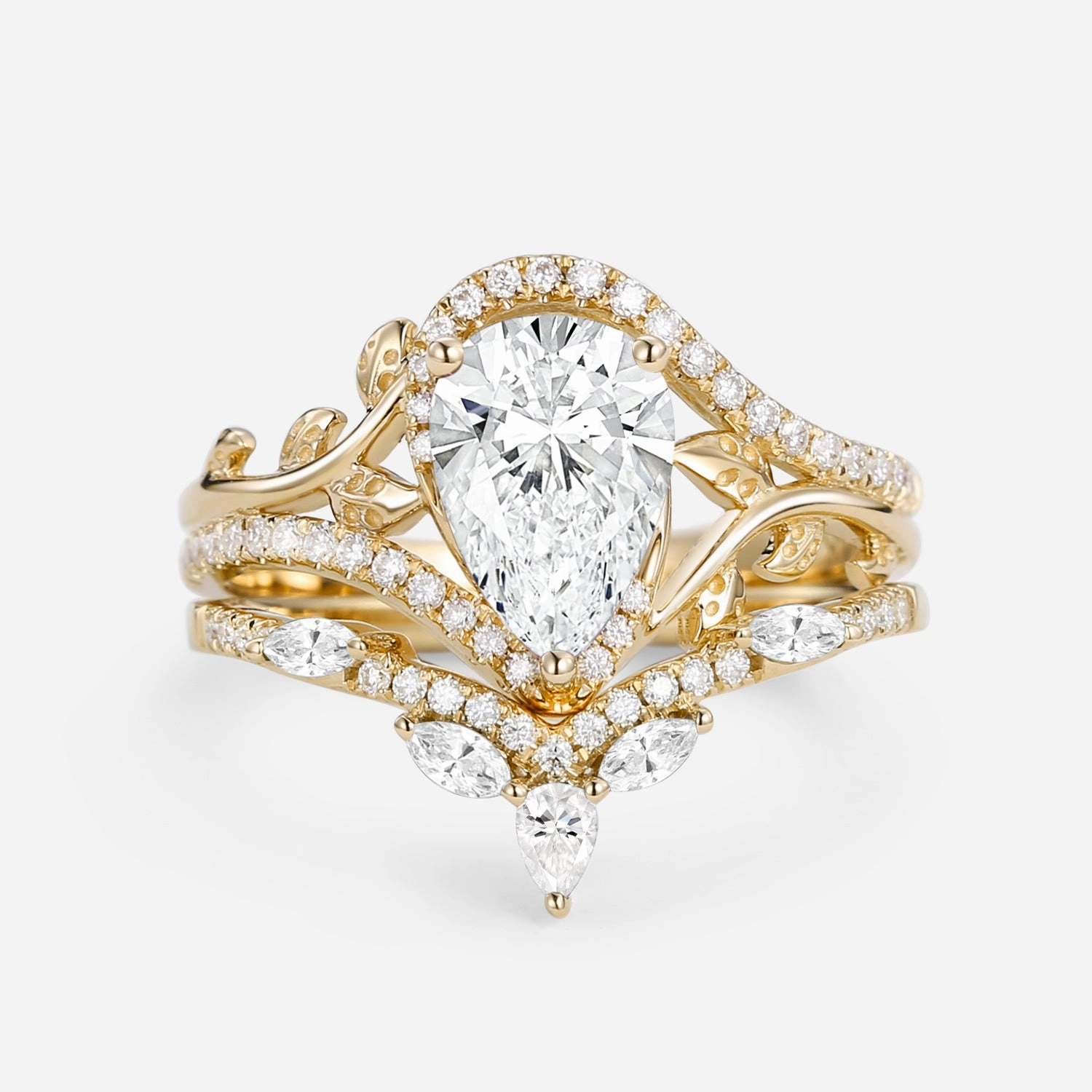 Unique Craft Pear Cut Lab Grown Diamond Leafy Ring Set 2pcs - Dalia