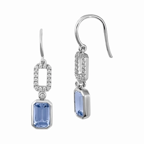 14K white gold earrings featuring emerald-cut Chatham lab grown aqua blue spinel with Chatham lab grown diamond accents. Flawless Cut