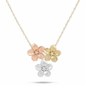 Radiant Texture 16" Plumeria Necklace in Tri Color Gold with Diamonds - 11mm