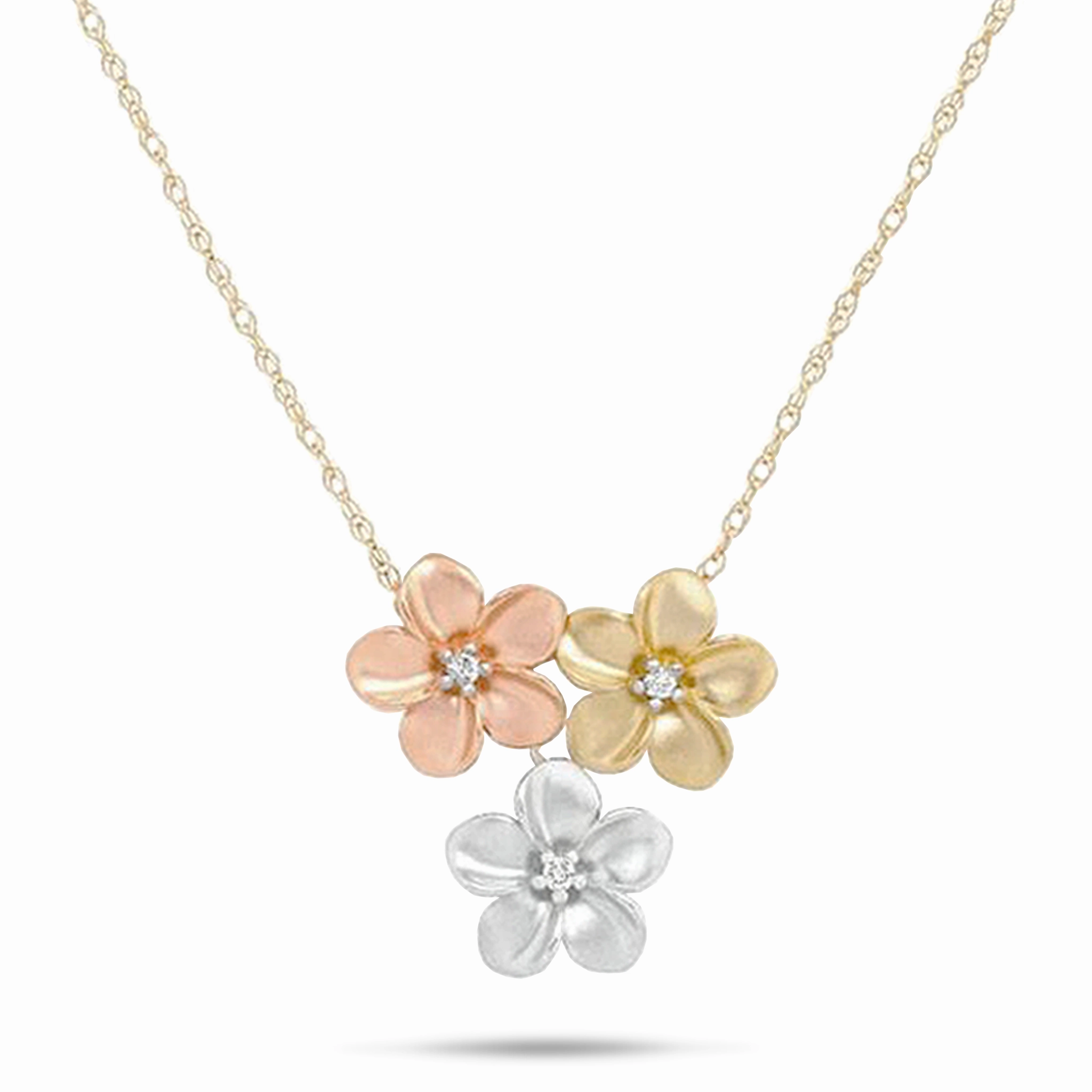 Radiant Texture 16" Plumeria Necklace in Tri Color Gold with Diamonds - 11mm