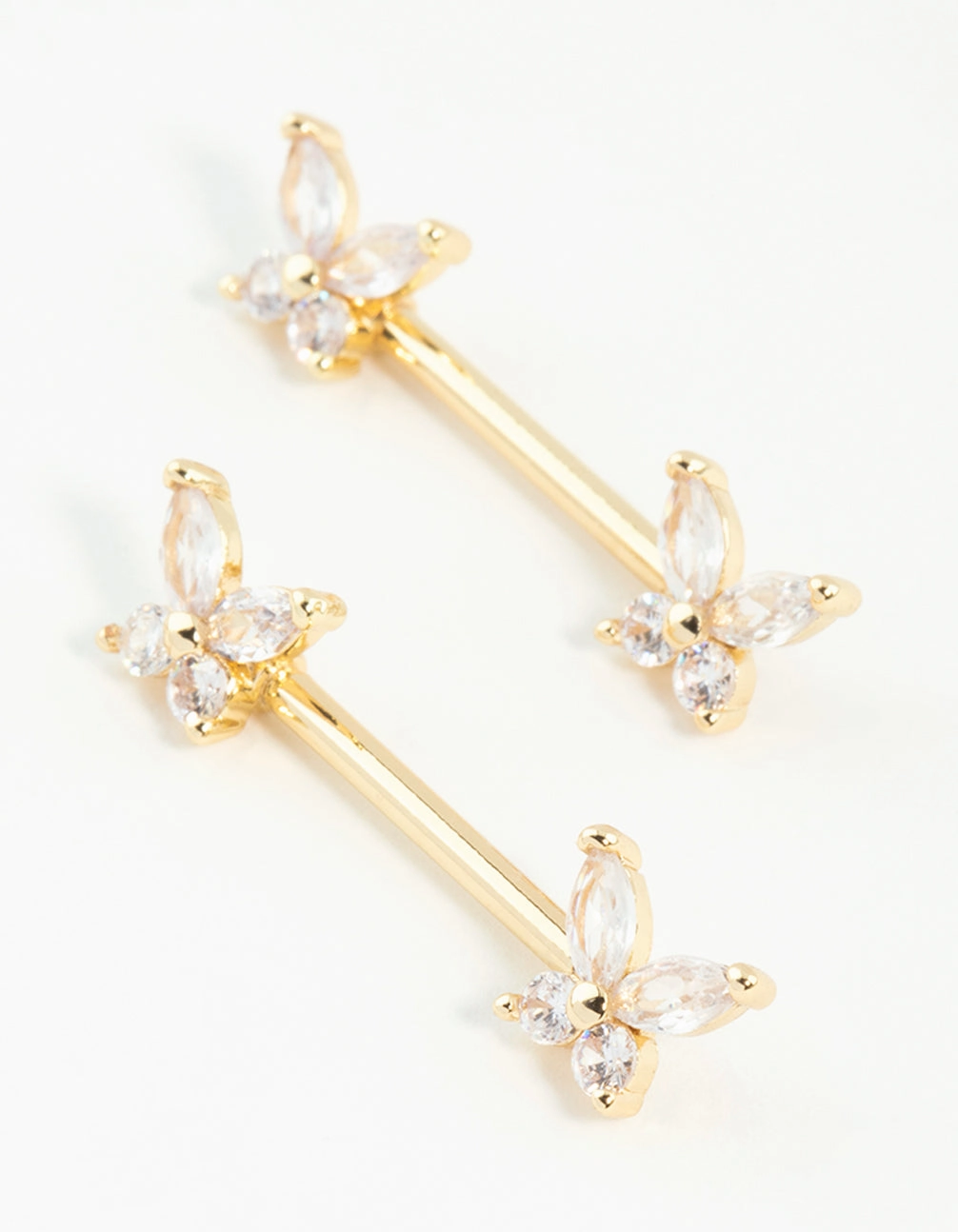 Distinctive Jewelry Gold Plated Surgical Steel Cubic Zirconia Butterfly Nipple Bars 2-Pack
