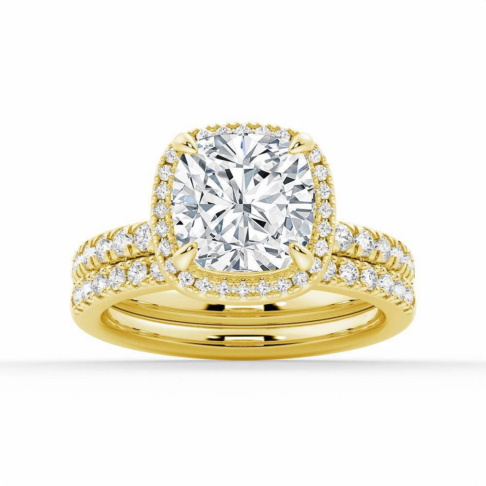 Cushion Cut Halo Moissanite Engagement Ring Set with Matching Wedding Band Sophisticated Glam