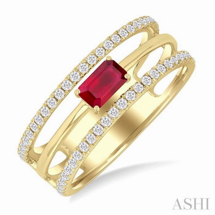 5x3 MM East-West Set Ruby and 1/4 Ctw Single Cut Diamond Precious Layered Fashion Ring in 10K Yellow Gold Comfortable Adornment Elegant Balance