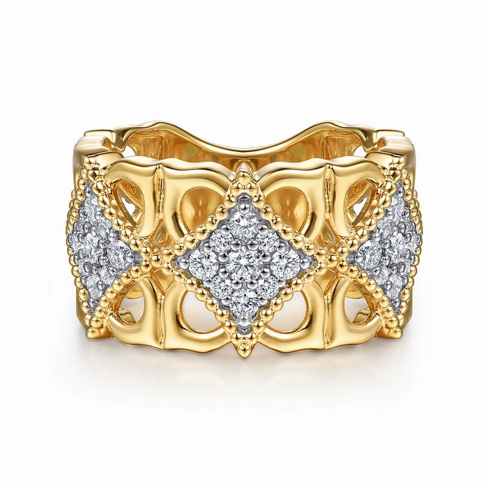 18K Yellow Gold Bujukan and Diamond Floral Wide Band Ring Chic Contour
