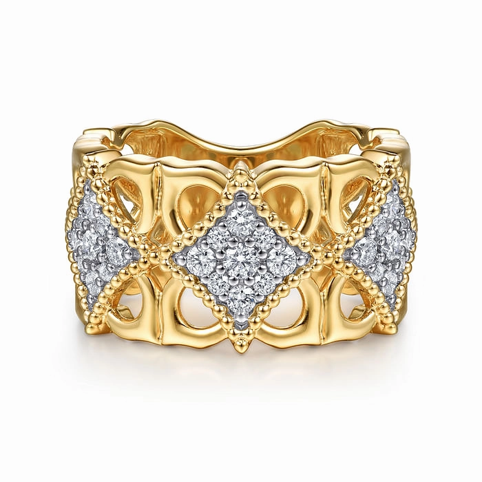 18K Yellow Gold Bujukan and Diamond Floral Wide Band Ring Layer Friendly