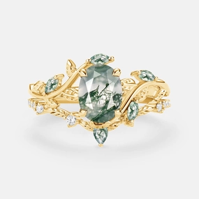 Gift Feature Oval Green Moss Agate Vine Engagement Ring Set 2pcs - Daphne