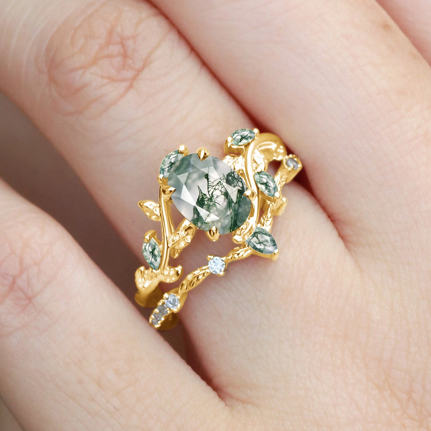 Vibrant Accent Oval Green Moss Agate Vine Engagement Ring Set 2pcs - Daphne