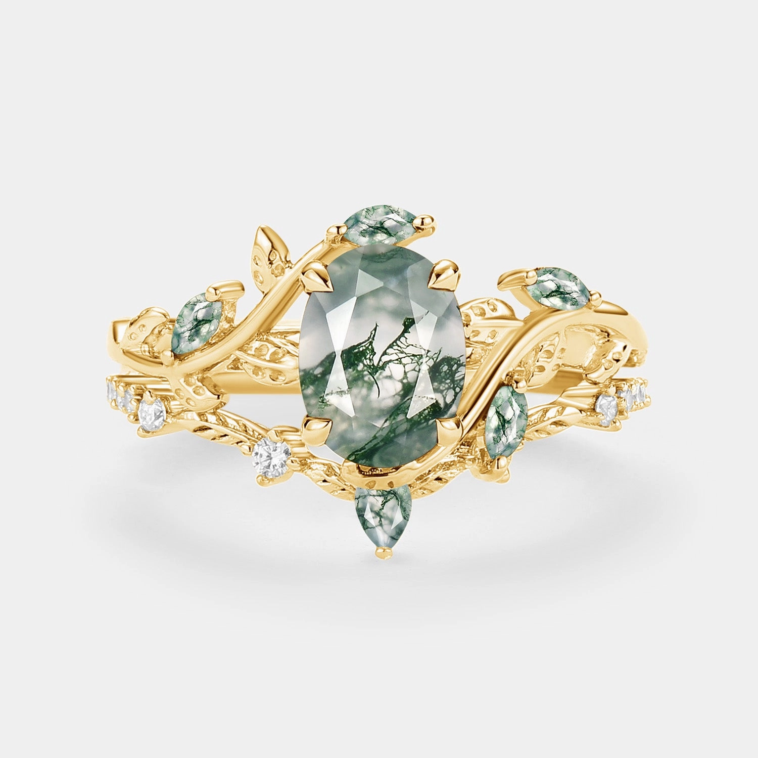 Best choice Luxury Statement Oval Green Moss Agate Vine Engagement Ring Set 2pcs - Daphne