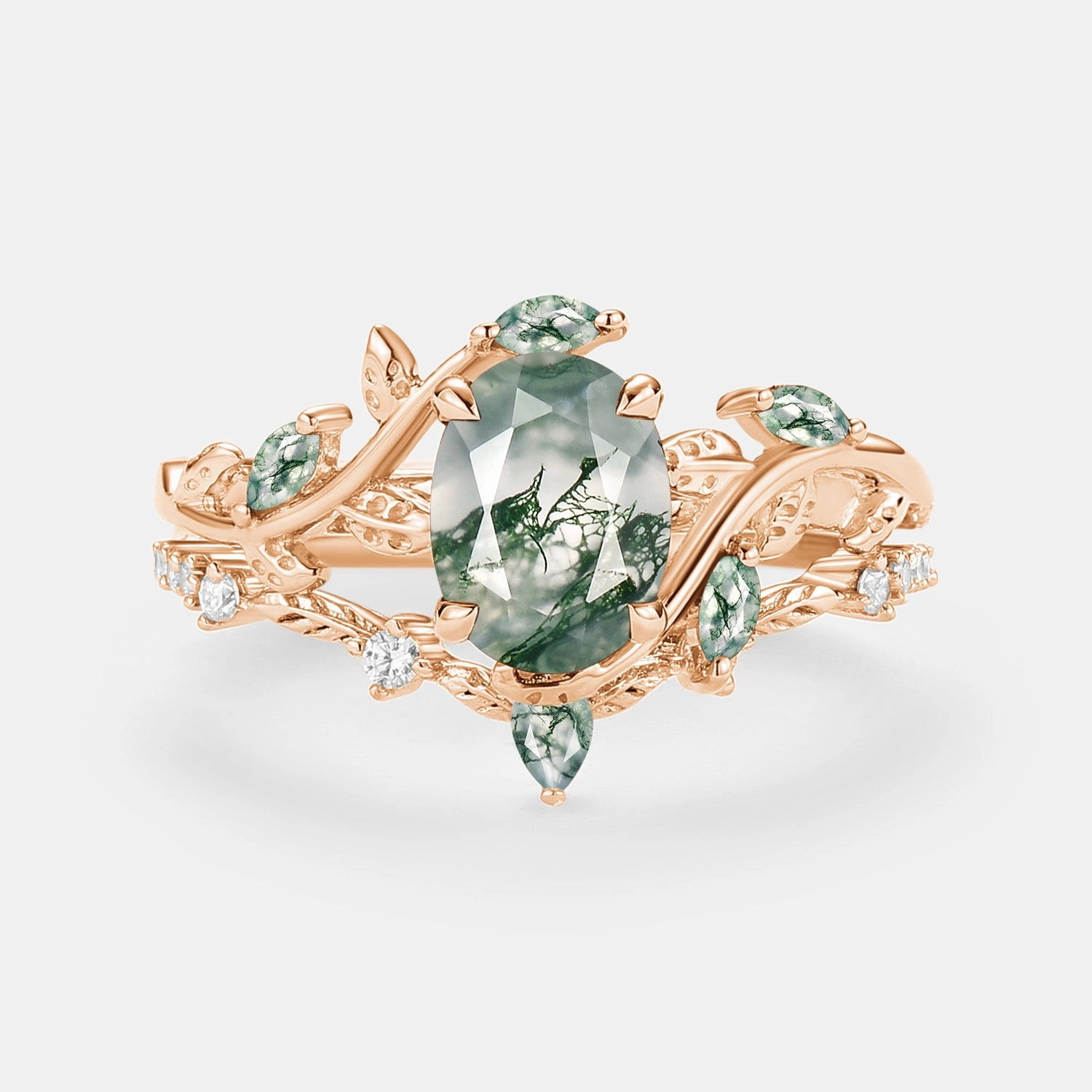 Oval Green Moss Agate Vine Engagement Ring Set 2pcs - Daphne Bold Insignia Genuine Sentiment