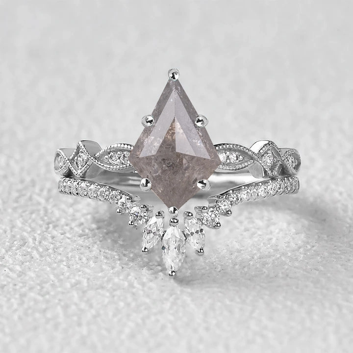 Icy Light Grey Salt and Pepper Diamonds Kite Cut Vintage Ring Set 2pcs Sleek Finish