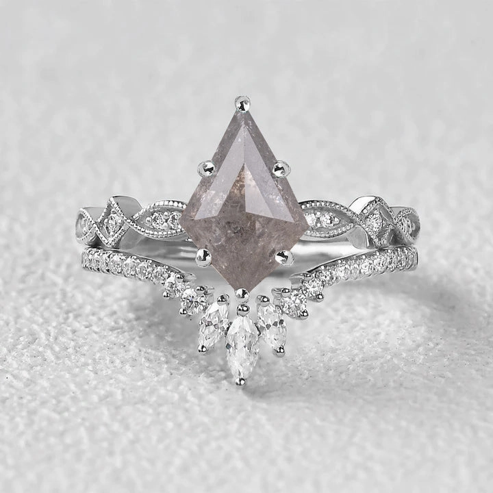 Icy Light Grey Salt and Pepper Diamonds Kite Cut Vintage Ring Set 2pcs Unique Style