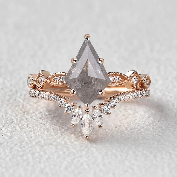 Simple Token Monochrome Style Icy Light Grey Salt and Pepper Diamonds Kite Cut Vintage Ring Set 2pcs