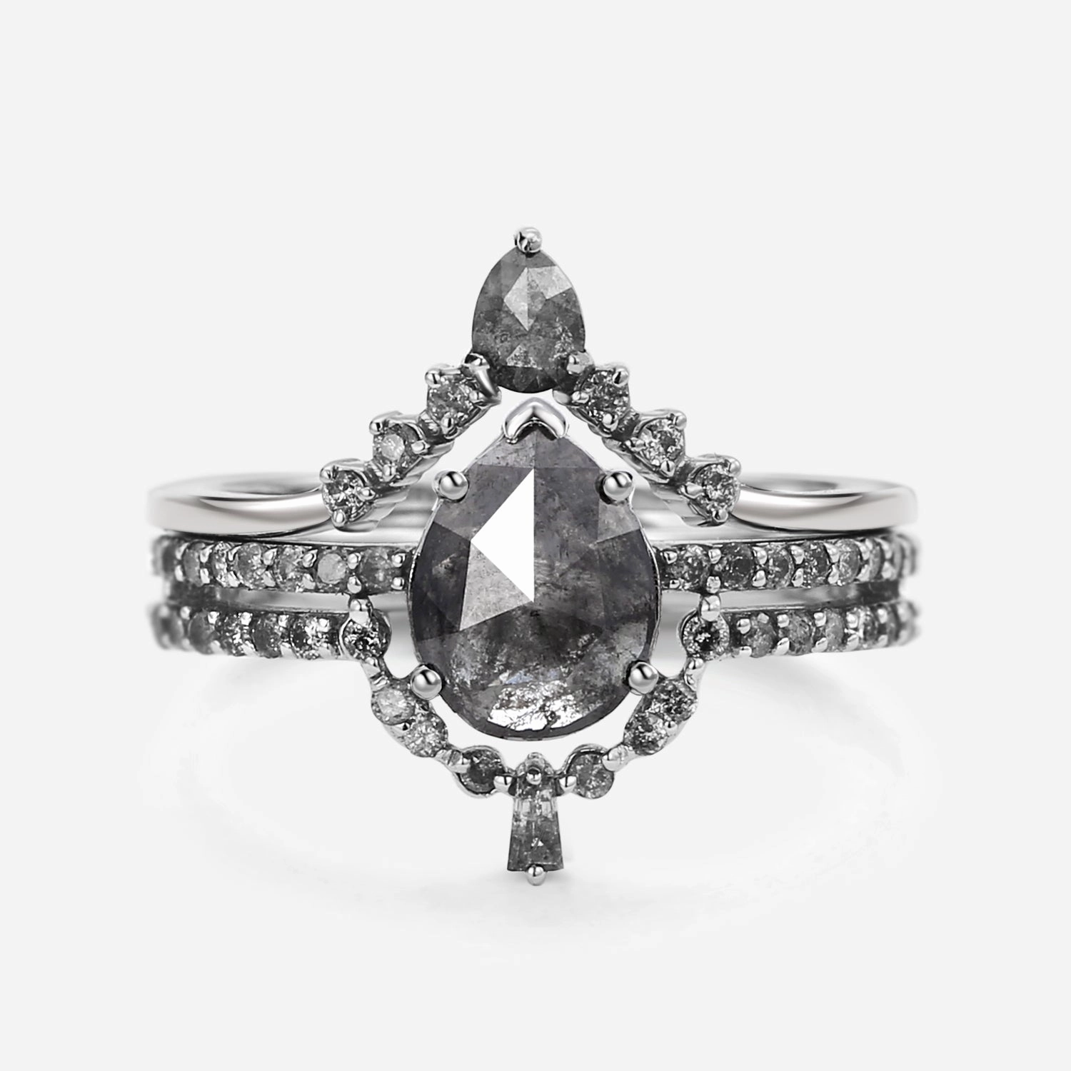 Classic Pieces Glowing Accent Pear Cut Salt and Pepper Diamonds Unique Engagement Ring Sets 3pcs