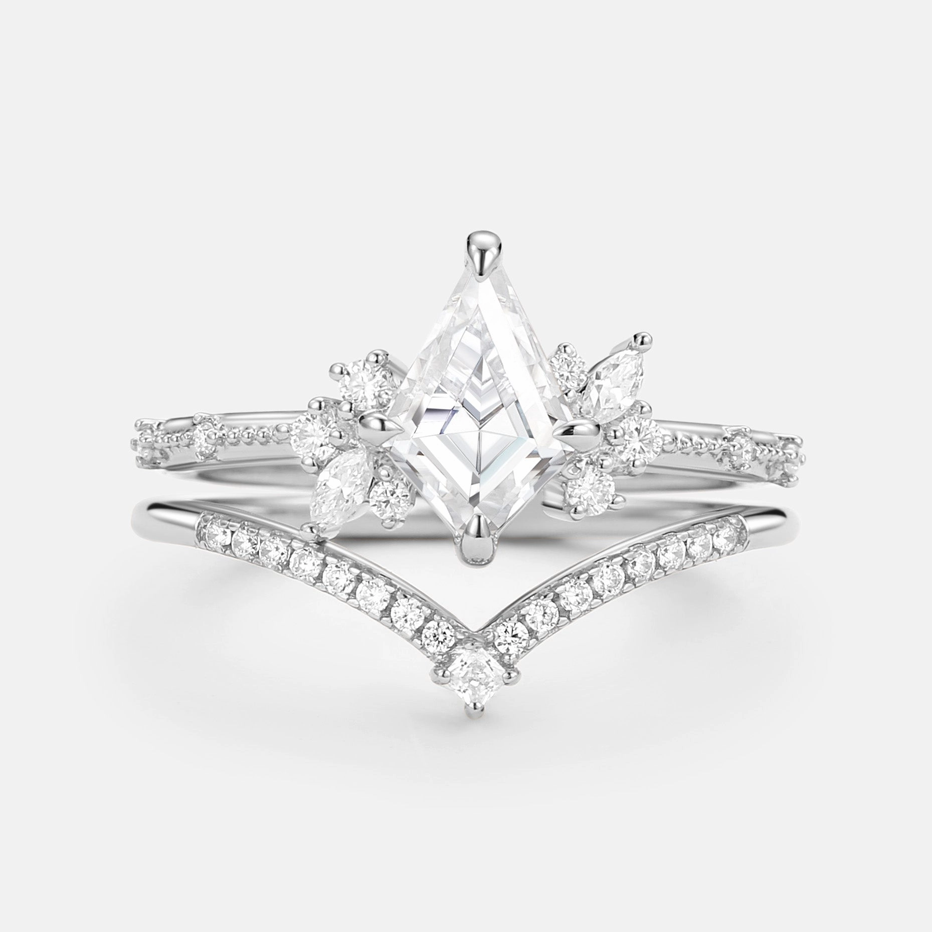 Unique Kite Cut Moissanite Engagement Ring Set 2pcs Modern Spark Polished Elegance