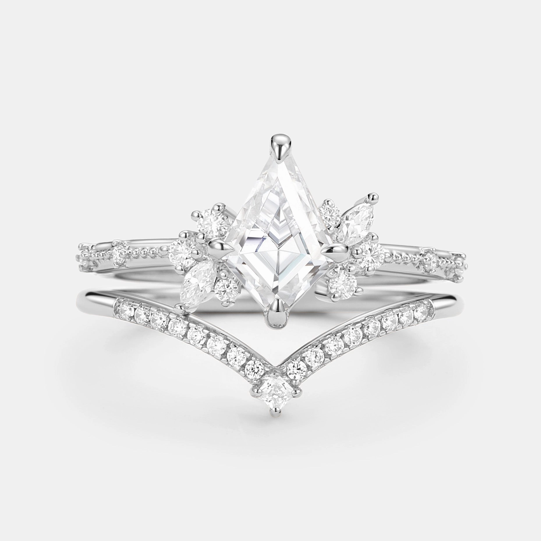 Unique Kite Cut Moissanite Engagement Ring Set 2pcs Custom Art Traditional Design