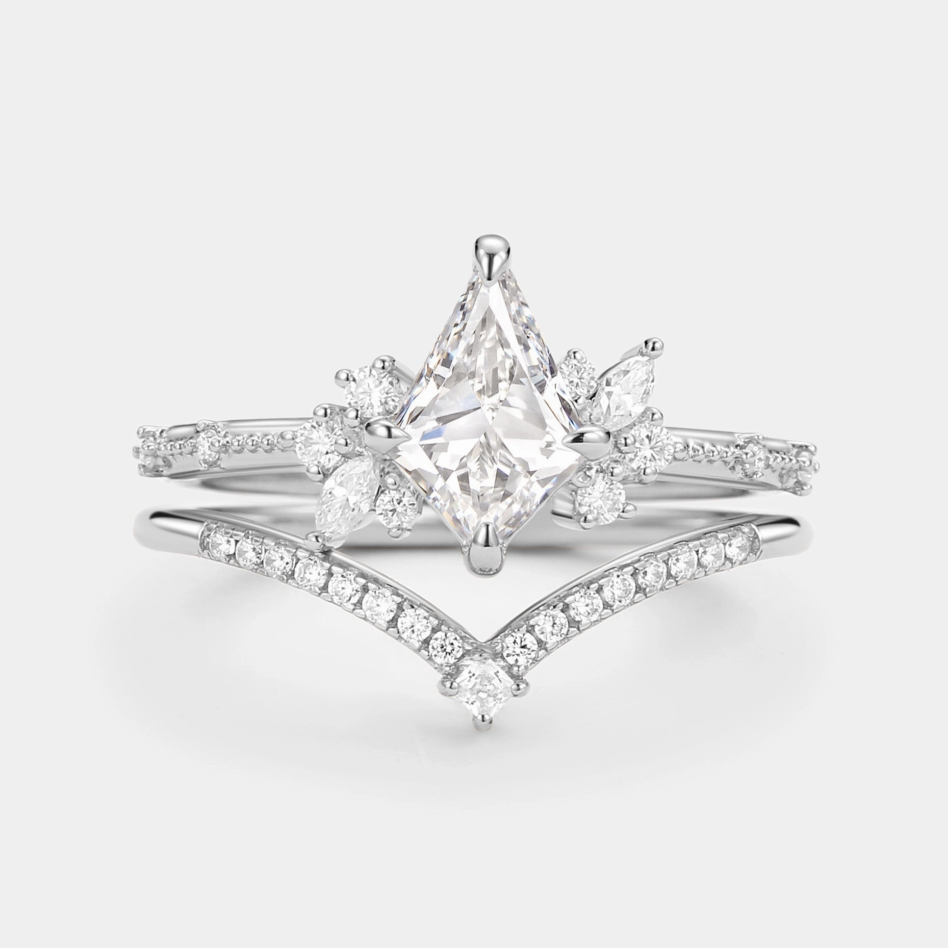 Unique Kite Cut Moissanite Engagement Ring Set 2pcs Elegant Style Romantic Statement