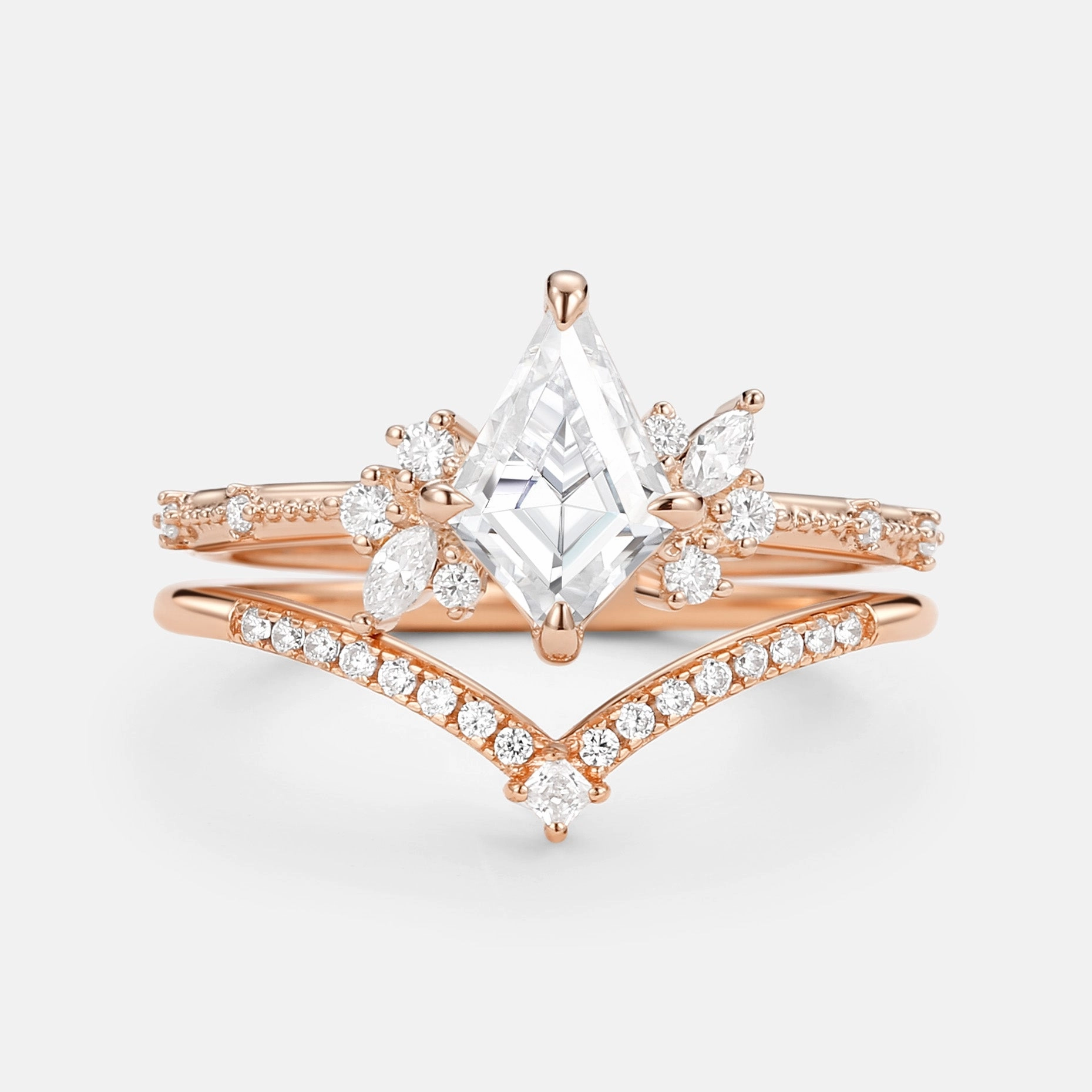 Present Day Petite Touch Unique Kite Cut Moissanite Engagement Ring Set 2pcs