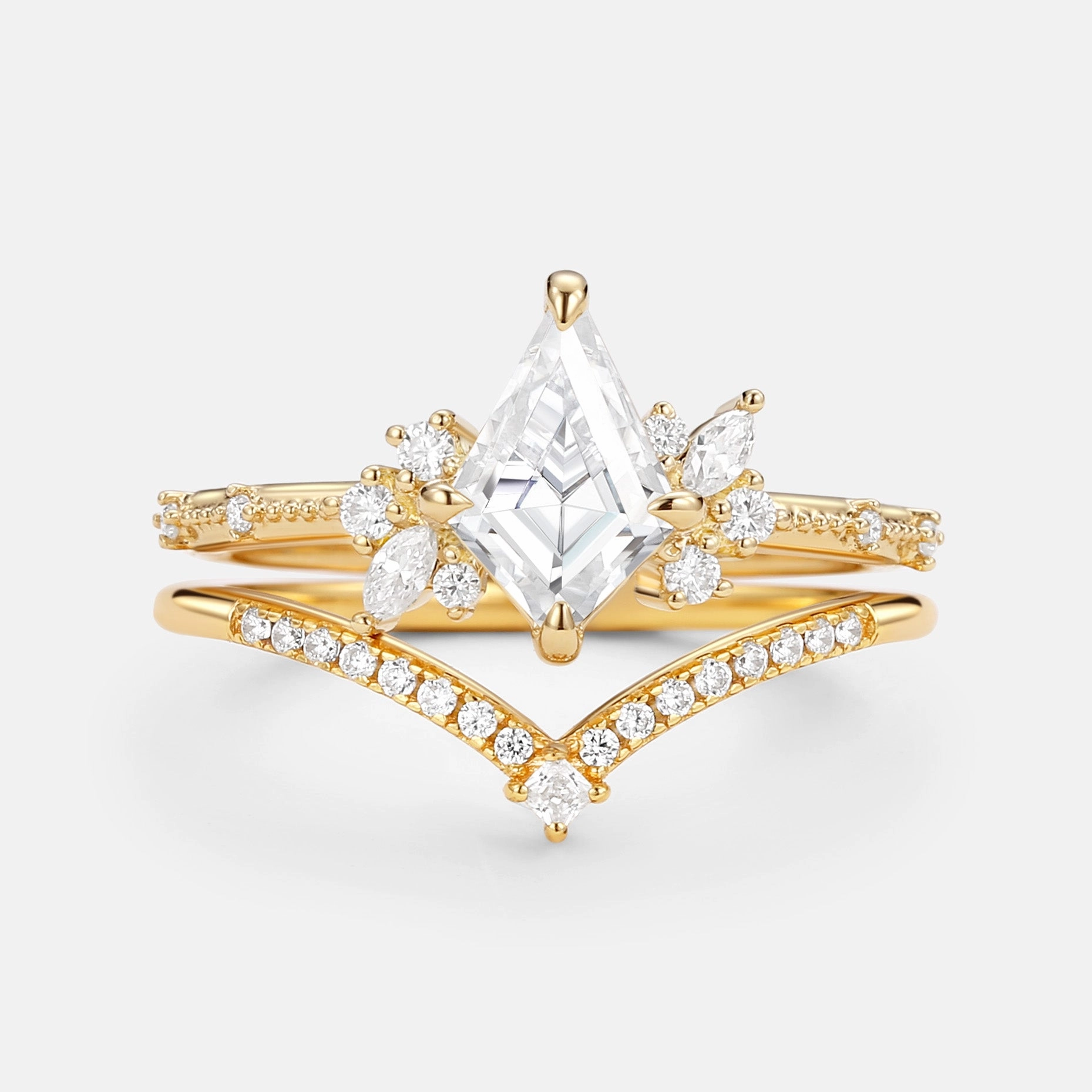 Modern Line Effortless Charm Unique Kite Cut Moissanite Engagement Ring Set 2pcs