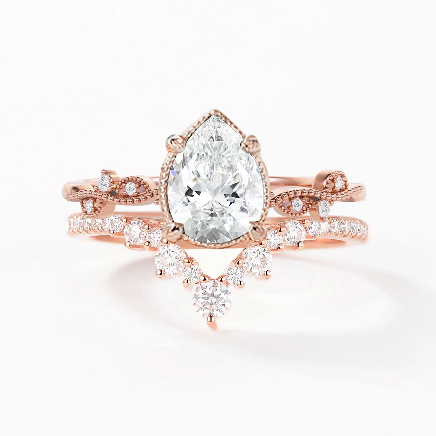 Secure Embellishment Unique Mark 1.5ct Pear Moissanite Vintage Halo Ring Set 2pcs