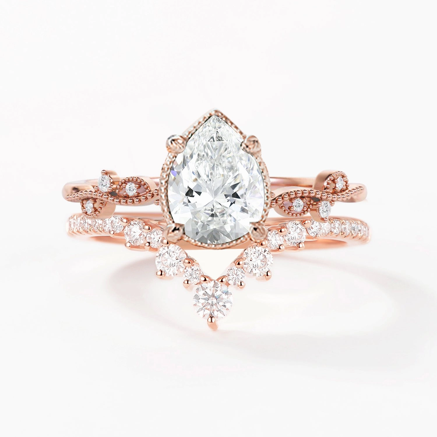 Outdoor Set Statement Layer 1.5ct Pear Moissanite Vintage Halo Ring Set 2pcs