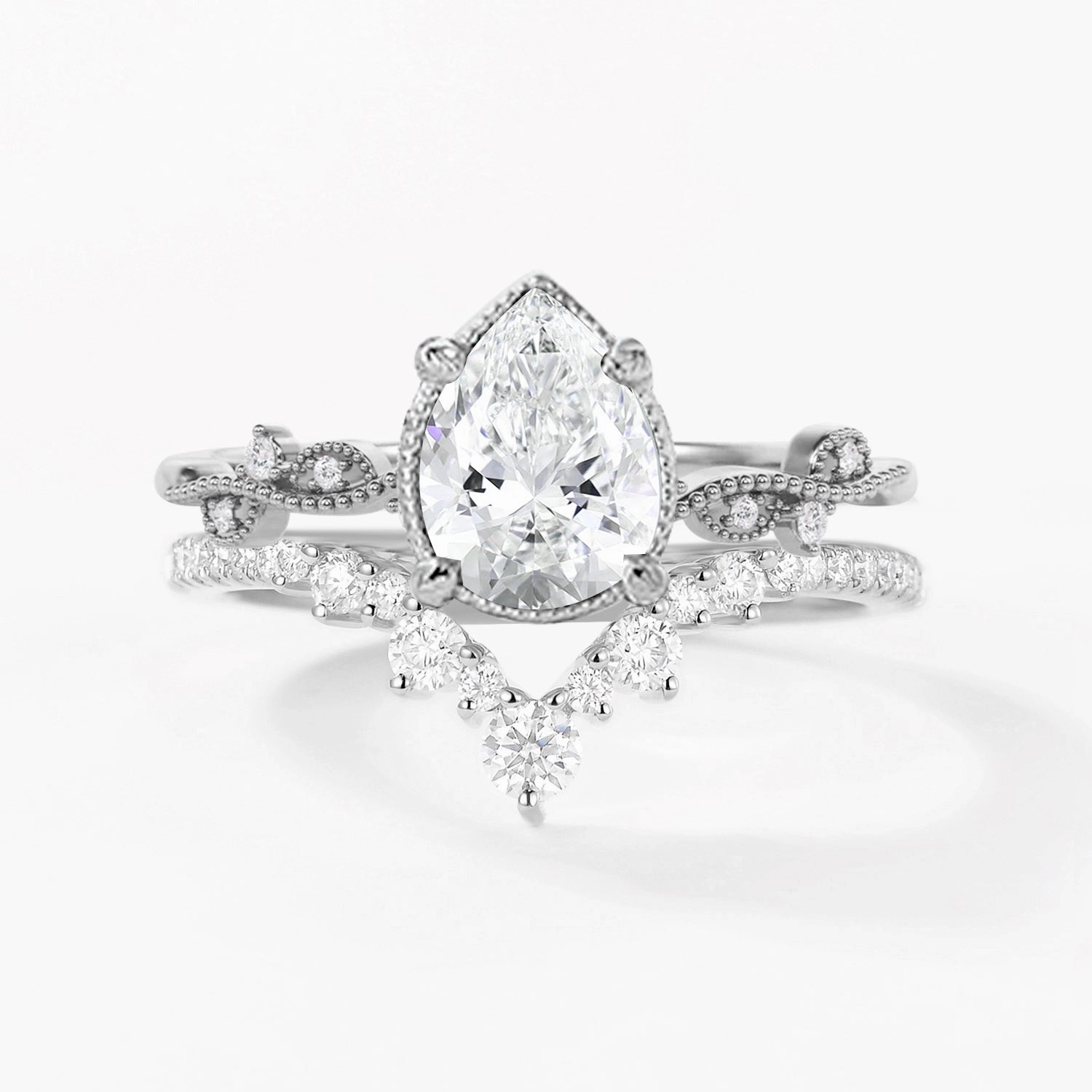 1.5ct Pear Moissanite Vintage Halo Ring Set 2pcs Secure Item