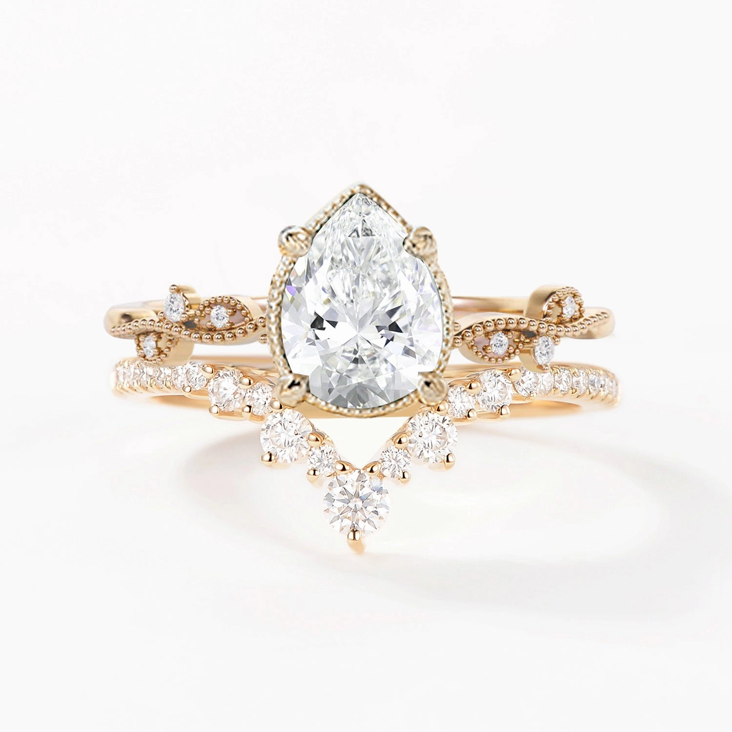 Gorgeous Look Seasonal Spark 1.5ct Pear Moissanite Vintage Halo Ring Set 2pcs